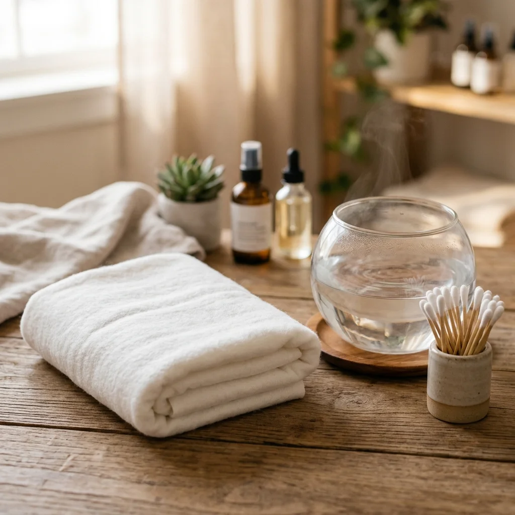 Warm compress cloth and soothing sterile preparation