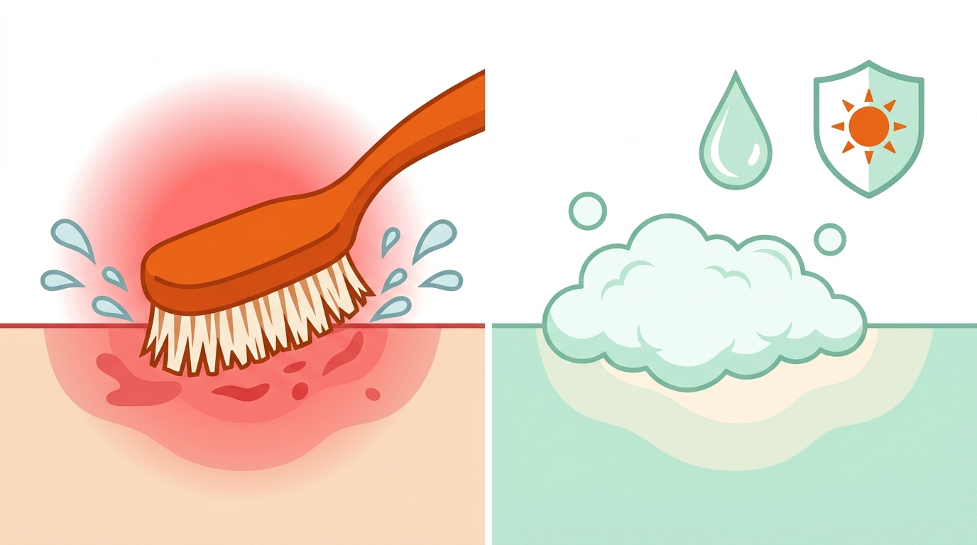 Split illustration comparing aggressive abrasive scrubbing with a brush vs gentle foaming cleanser and sun shield