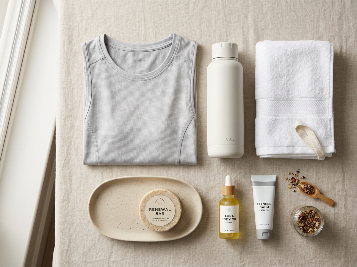 Aesthetic flatlay of breathable gym apparel and body care bar