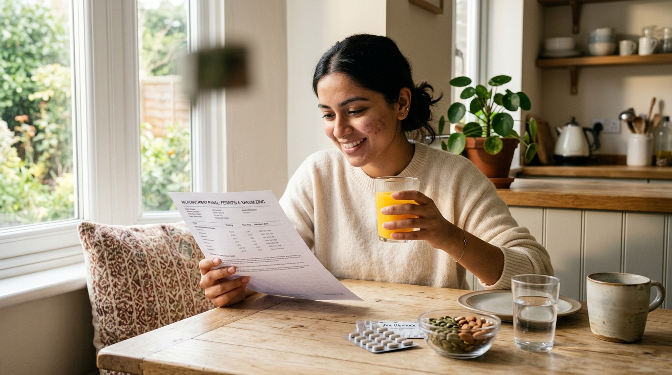 Young Indian woman reviewing serum ferritin and zinc blood test report for skin healing