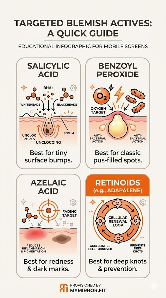 Infographic cheat sheet mapping salicylic acid, benzoyl peroxide, azelaic acid, and retinoids to their correct acne blemish stage.