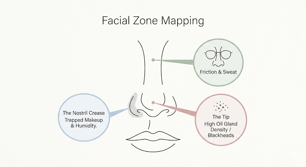 Face map showing causes of nose pimples including glasses friction on the bridge and trapped oil in nostril creases.