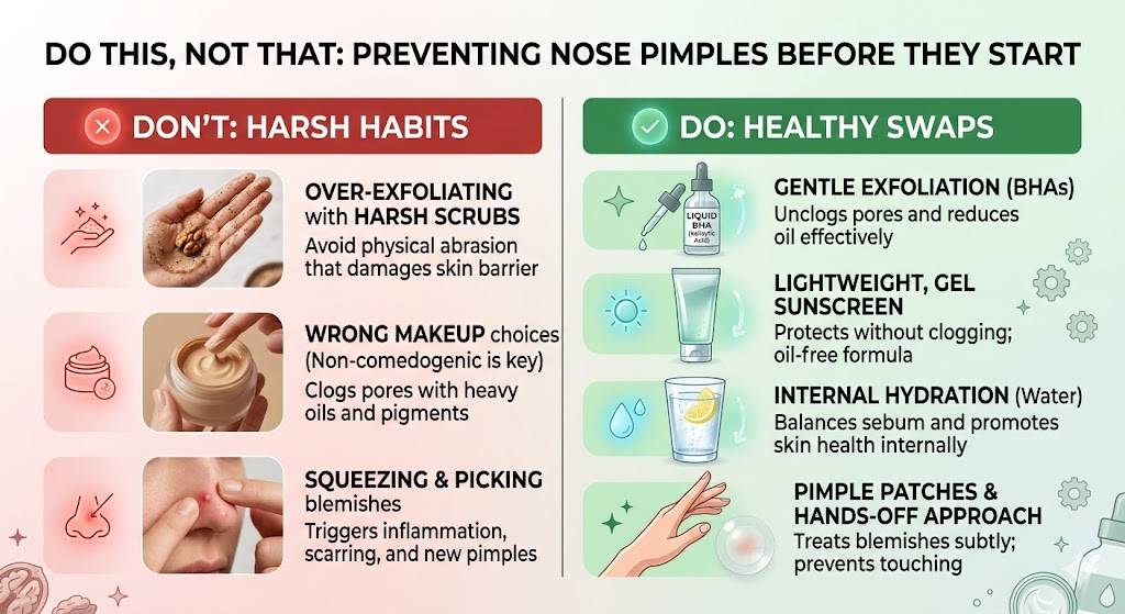 Do's and don'ts of nose acne prevention, showing gentle liquid exfoliation, gel sunscreen, and hydration versus harsh scrubs and squeezing.