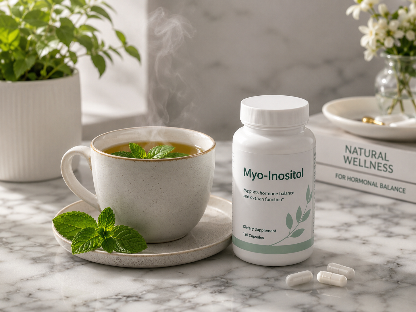 A cup of spearmint tea and a bottle of Myo-Inositol on a marble surface, representing natural PCOS acne treatments.