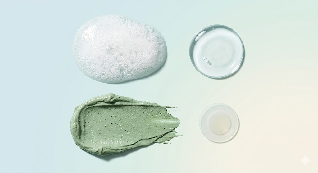 Different textures of salicylic acid skincare products including cleanser, serum, mask, and pimple patch.