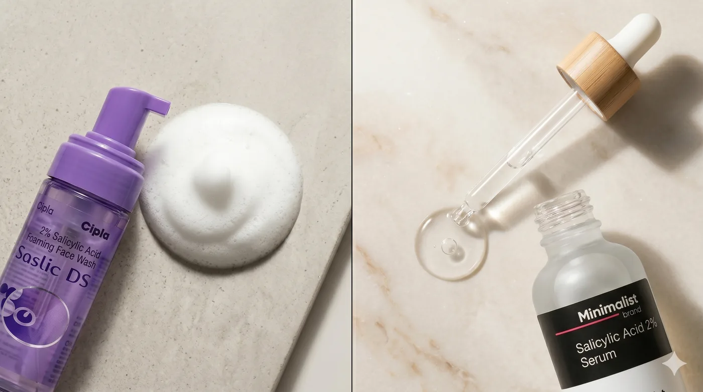Medical diagram comparing Salicylic Acid wash-off cleansers vs leave-on serums on skin pores