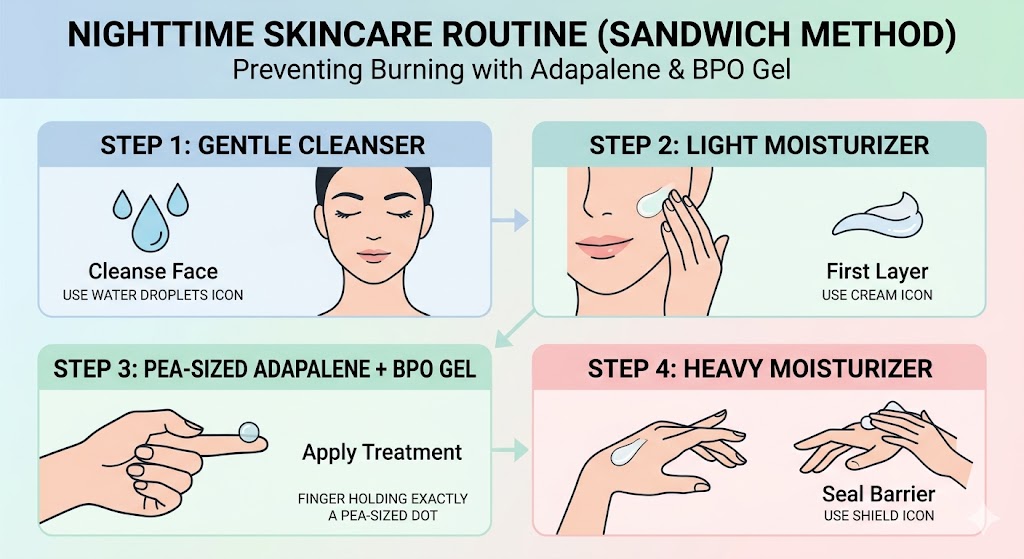 Adapalene and benzoyl peroxide gel how to use step by step sandwich method.
