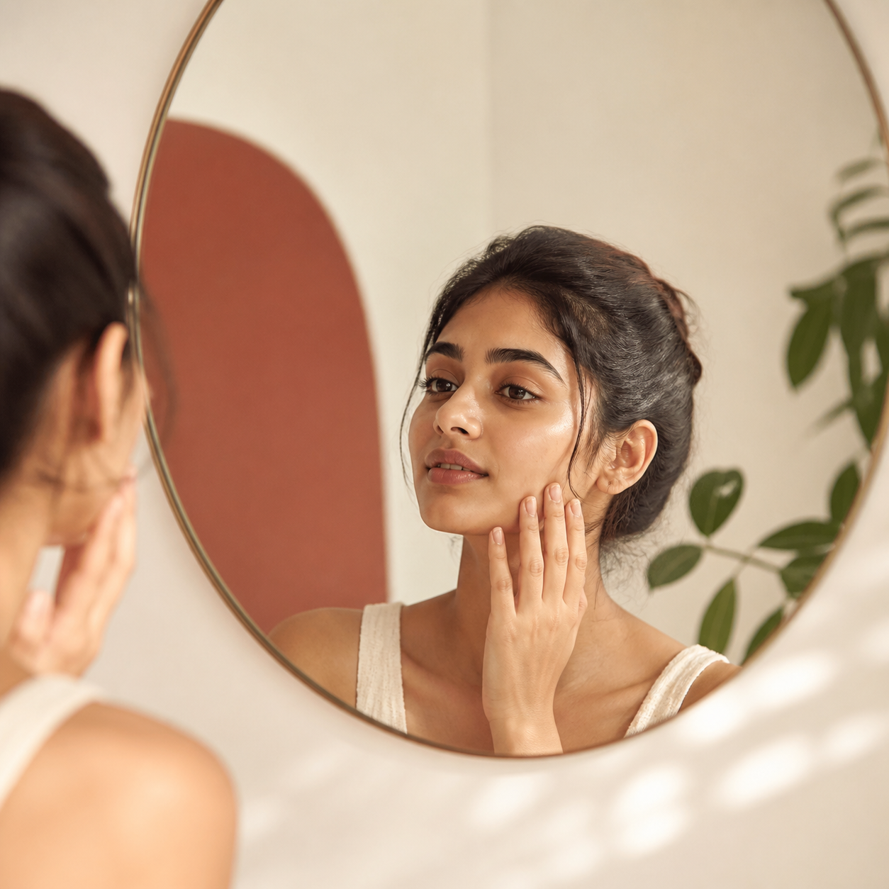A young Indian woman observing her face in a softly lit mirror