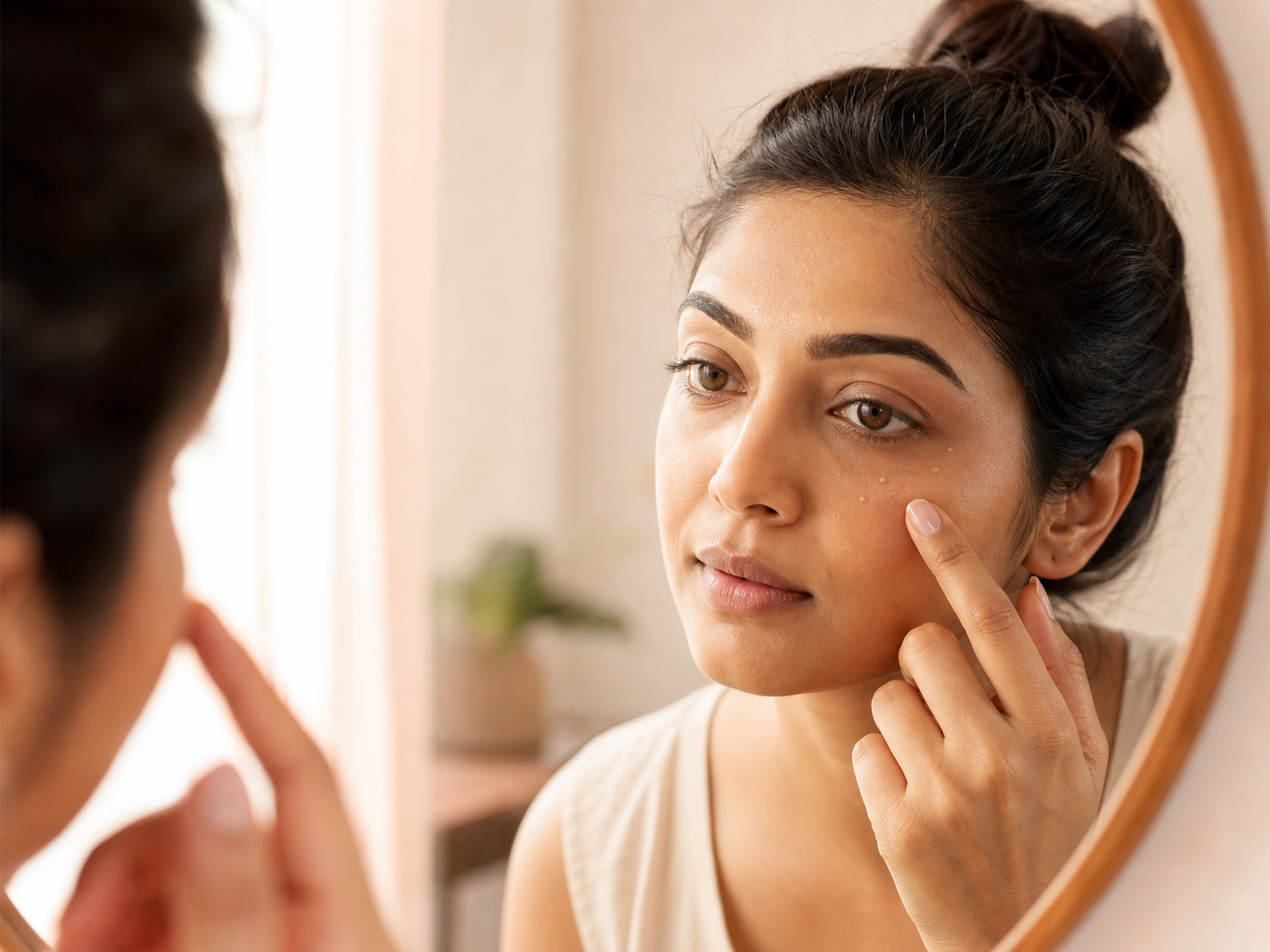 A woman observing tiny raised white bumps near her cheek in a mirror