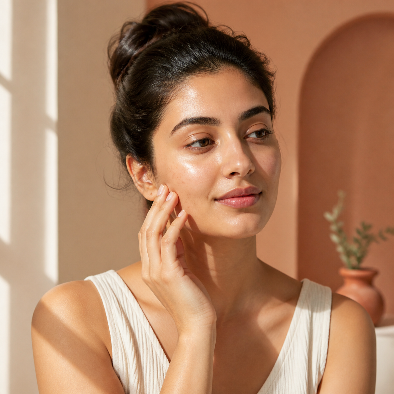 A young Indian woman in soft daylight gently touching her cheek