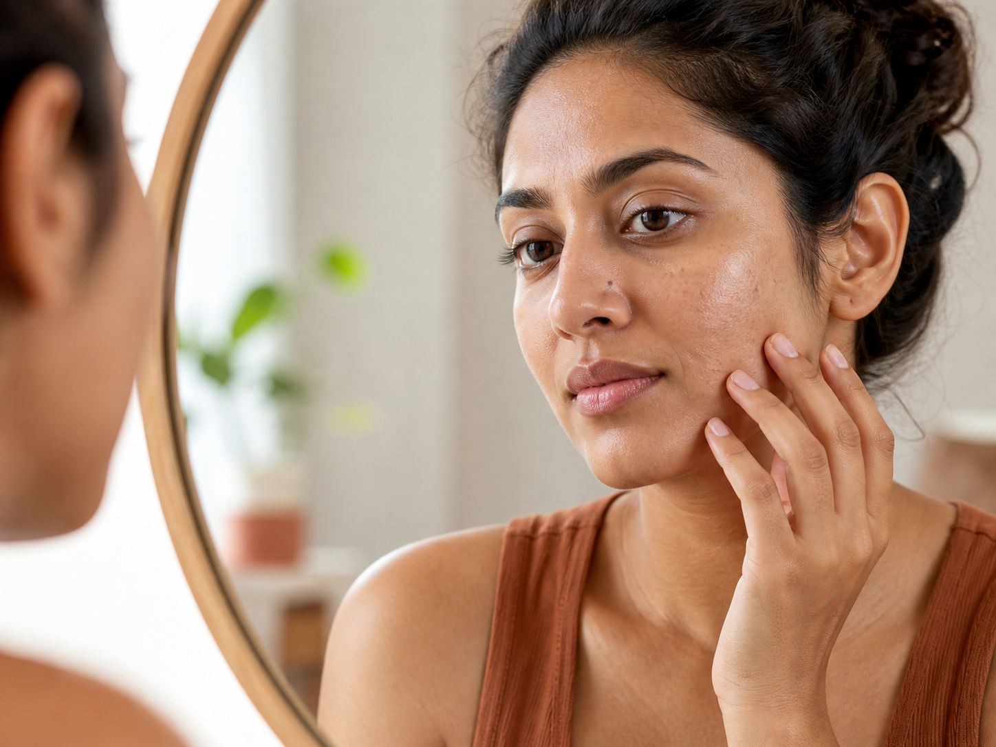 A woman checking visible pores and skin texture on her cheek in a mirror