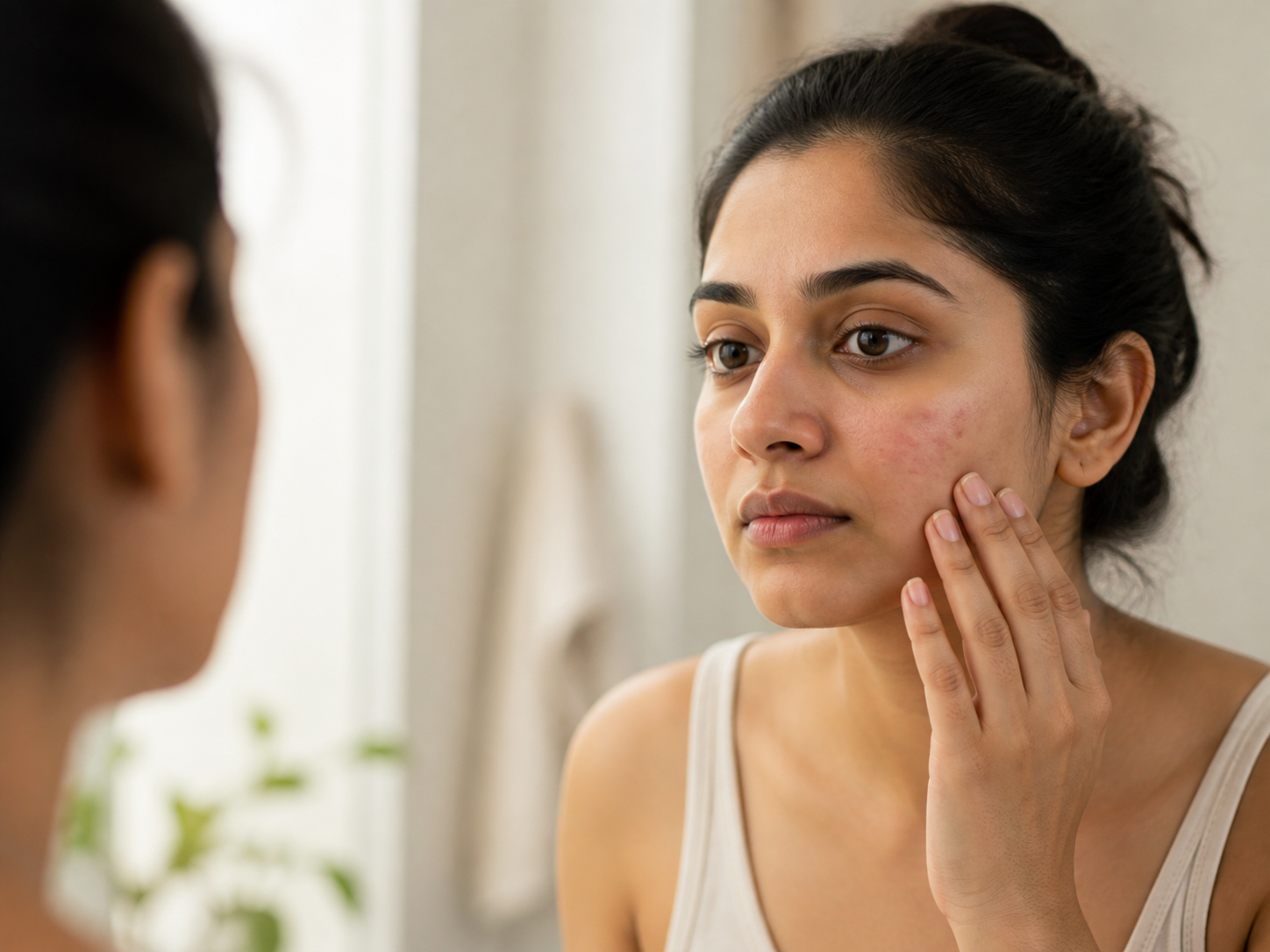 A woman checking mild cheek redness and irritation in a mirror