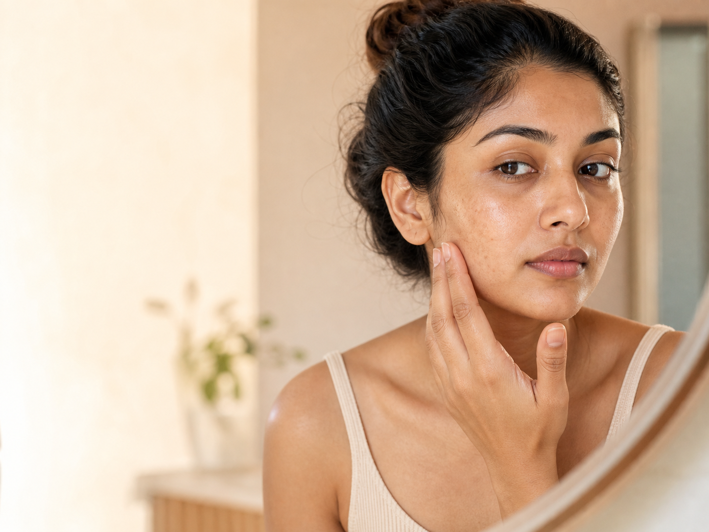 A woman checking subtle tan and pigmentation patterns on her face in a mirror