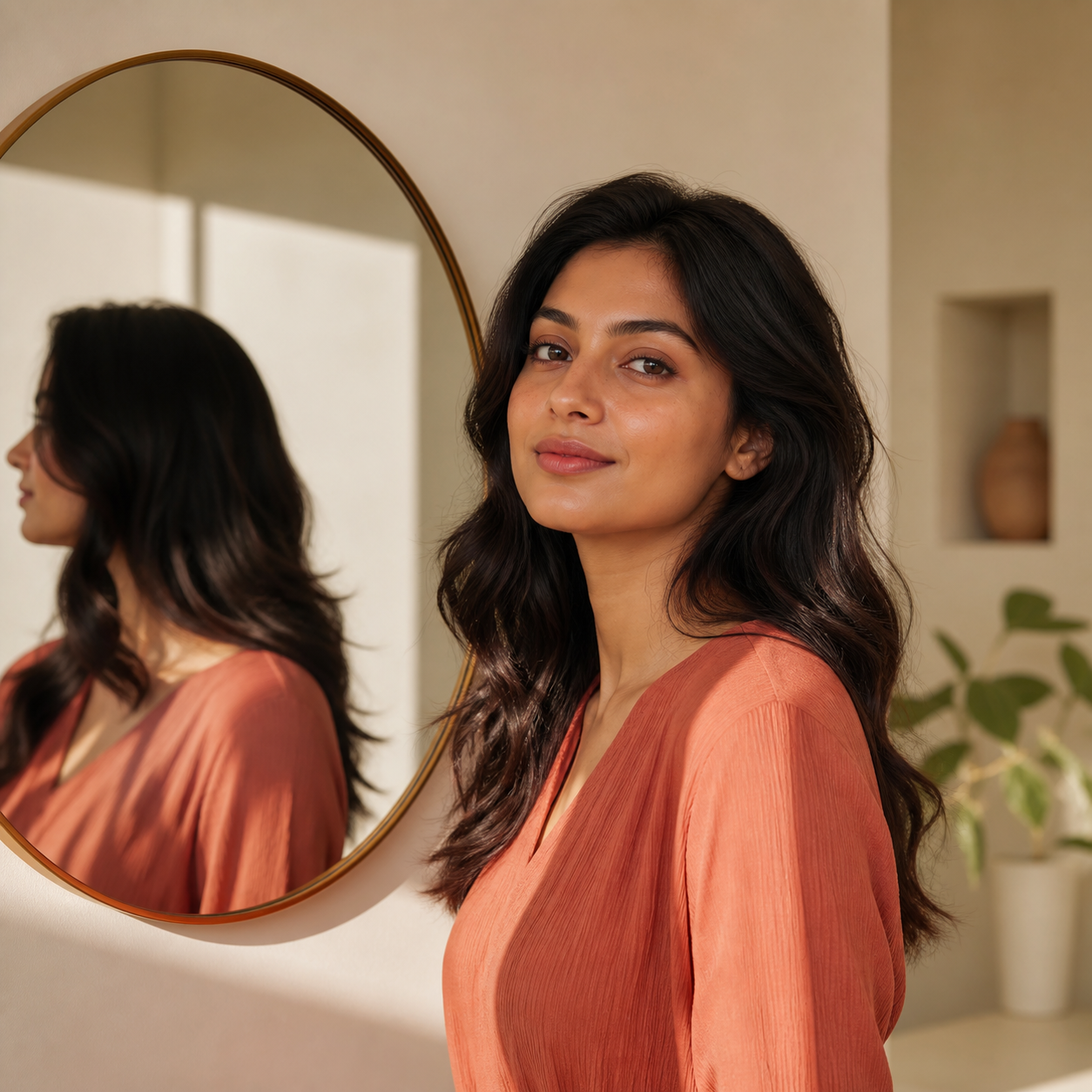 A young Indian woman looking at her reflection in soft natural daylight