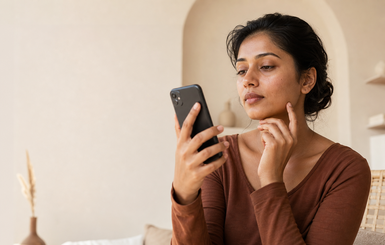 Woman using a phone to begin a private MyMirror skin analysis at home