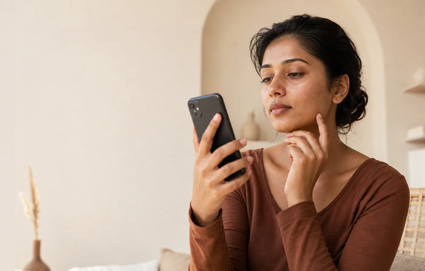 Woman using a phone to begin a private MyMirror skin analysis at home