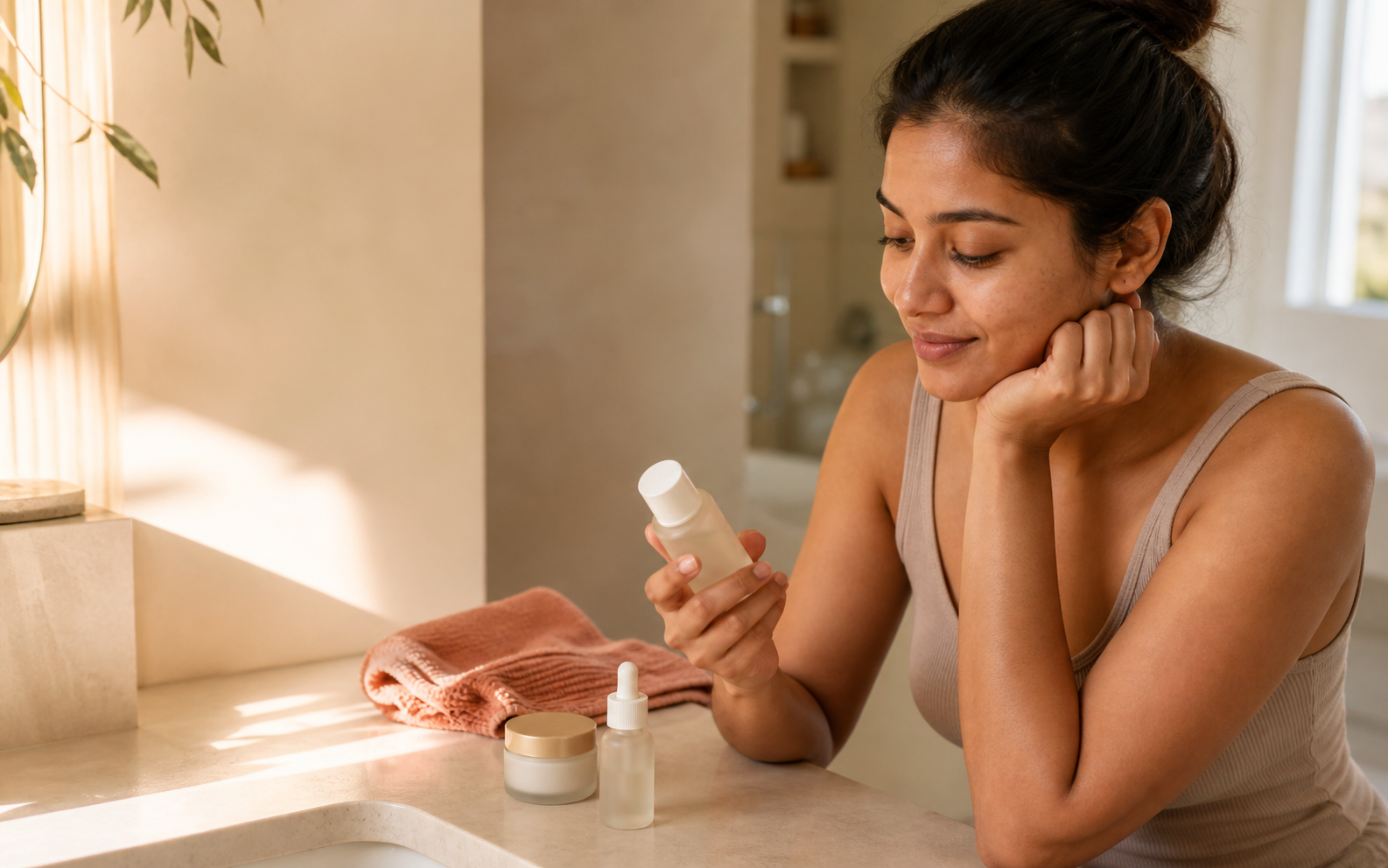 Woman choosing an uncomplicated skincare product at home