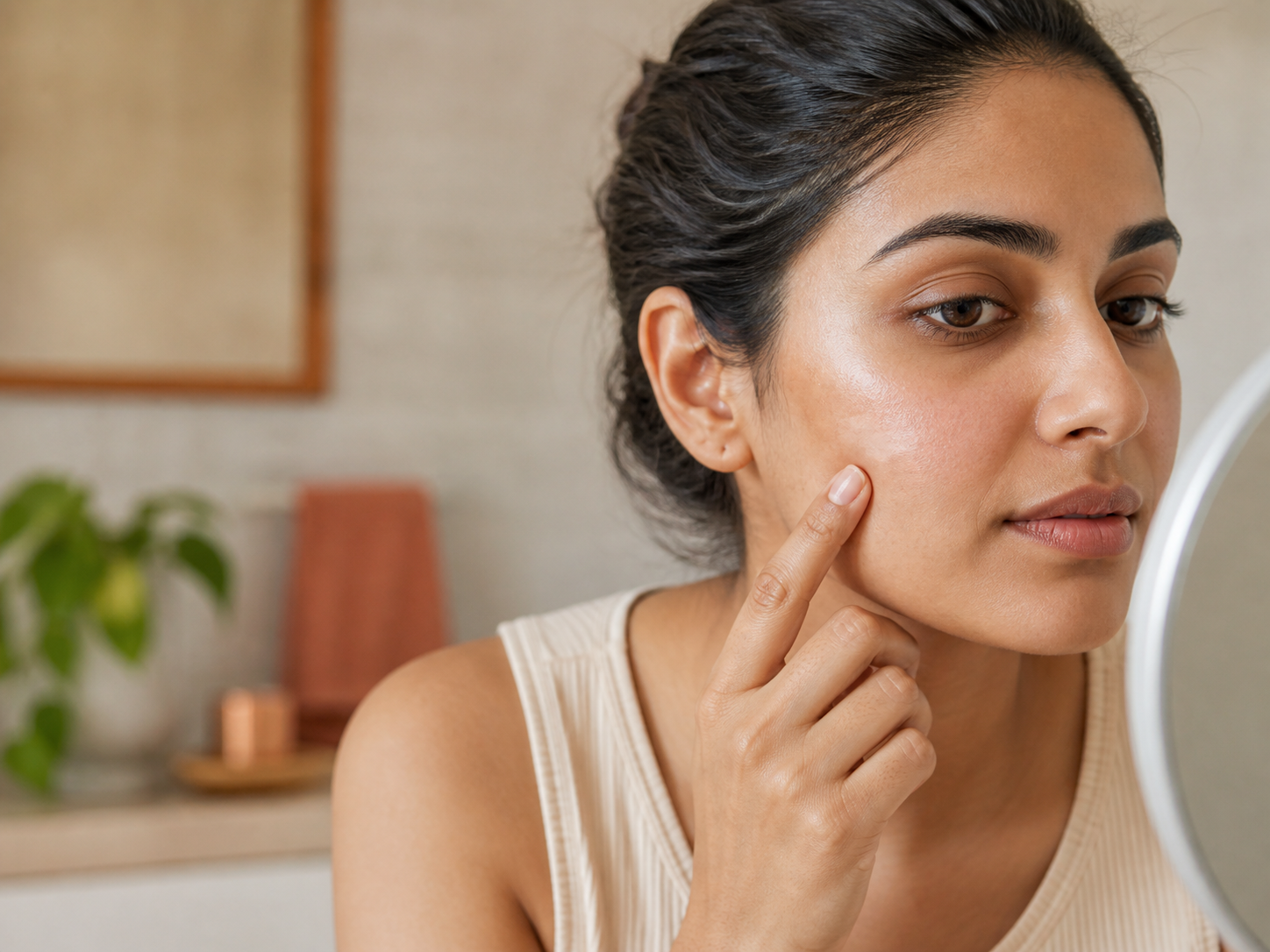 A woman observing a subtle pale spot on her cheek in a mirror