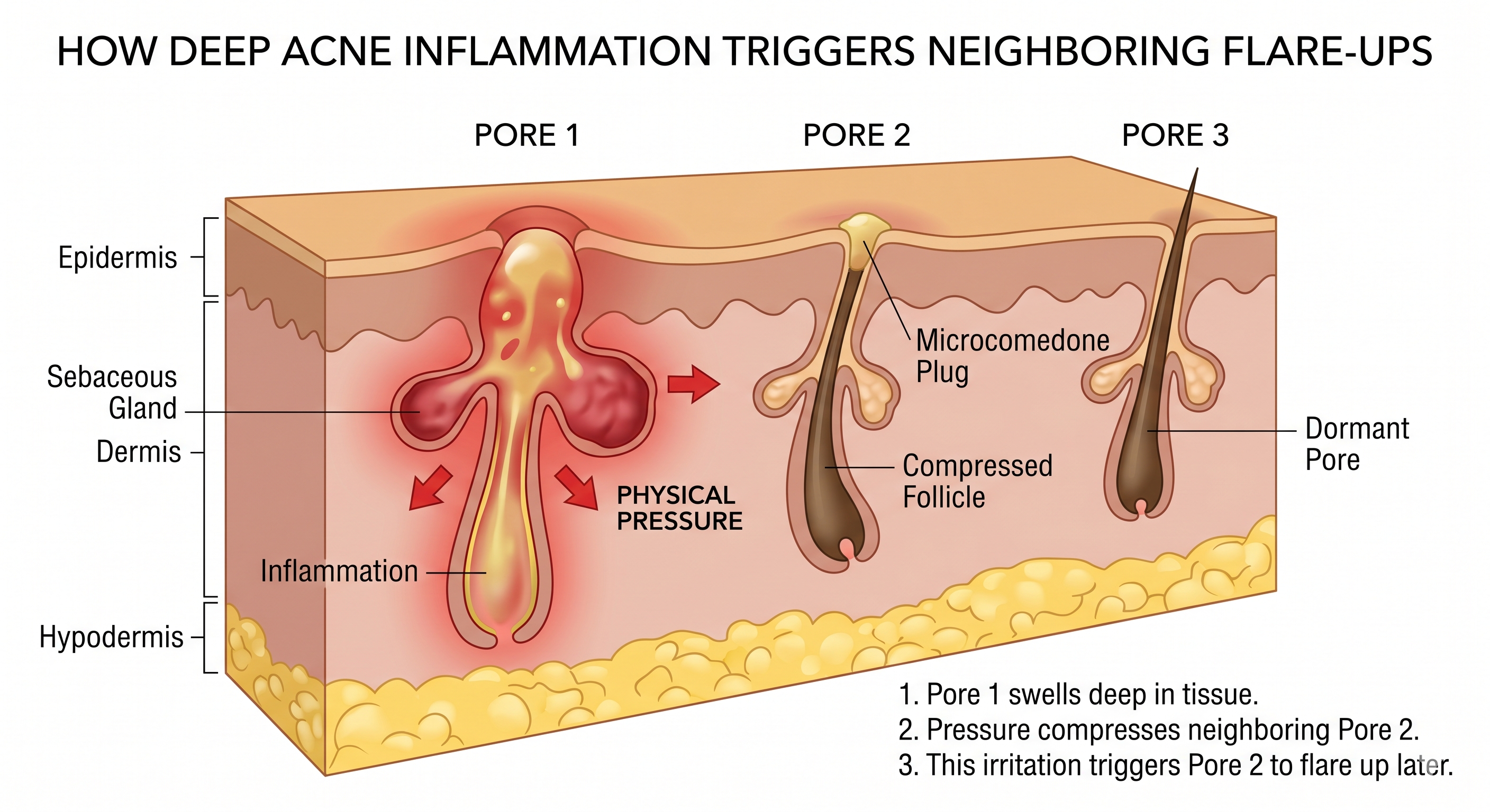 Cross-section diagram showing how deep inflammatory jawline pimples trigger neighboring clogged pores to surface.