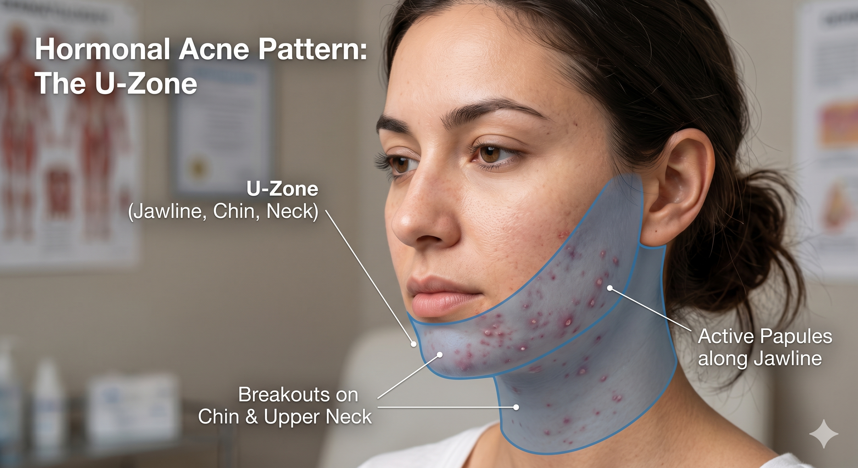 Aesthetic facial diagram highlighting the U-zone along the lower jawline, chin, and upper neck